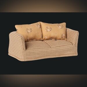 Maileg Yellow & Brown Plaid Tan Sofa with Floral Cushions Mouse size NWT in Box